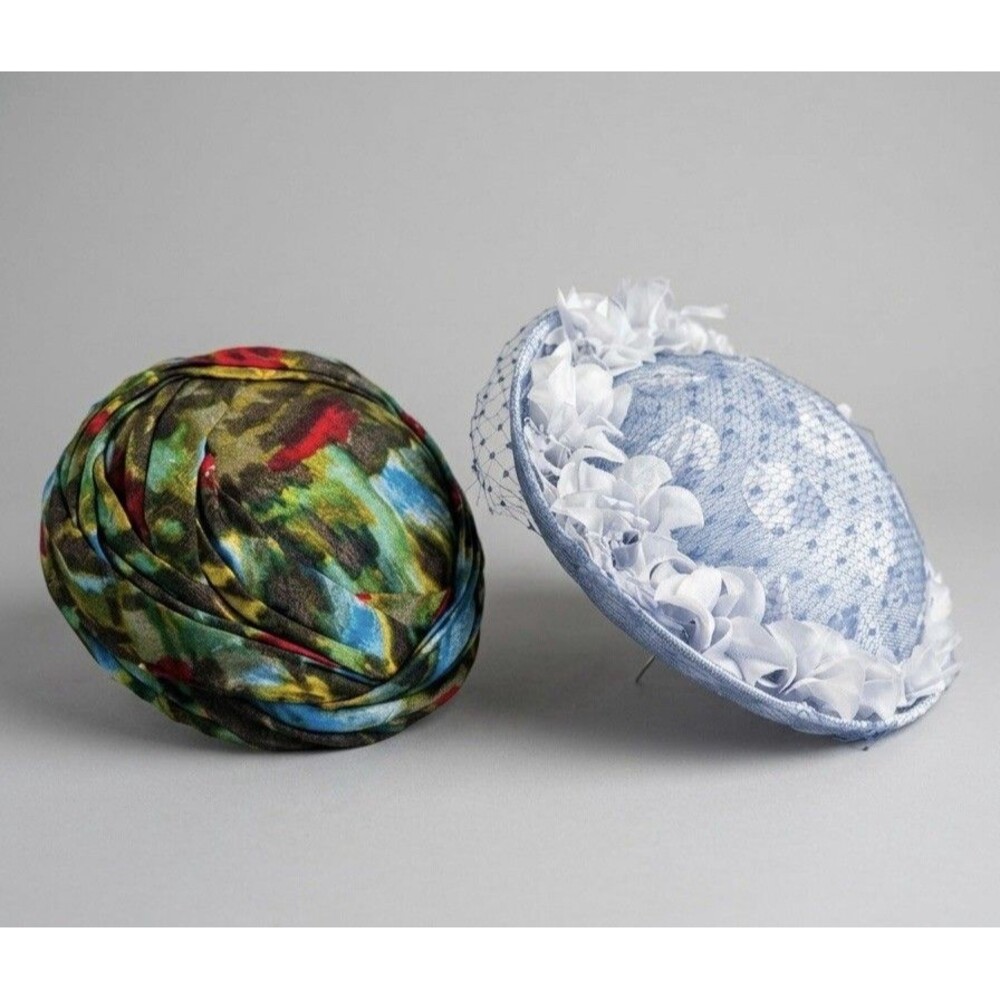 Vtg 1950s CHANDA Blue Veiled Floral Hat & MISS JOY Patterned Fabric Turban Set